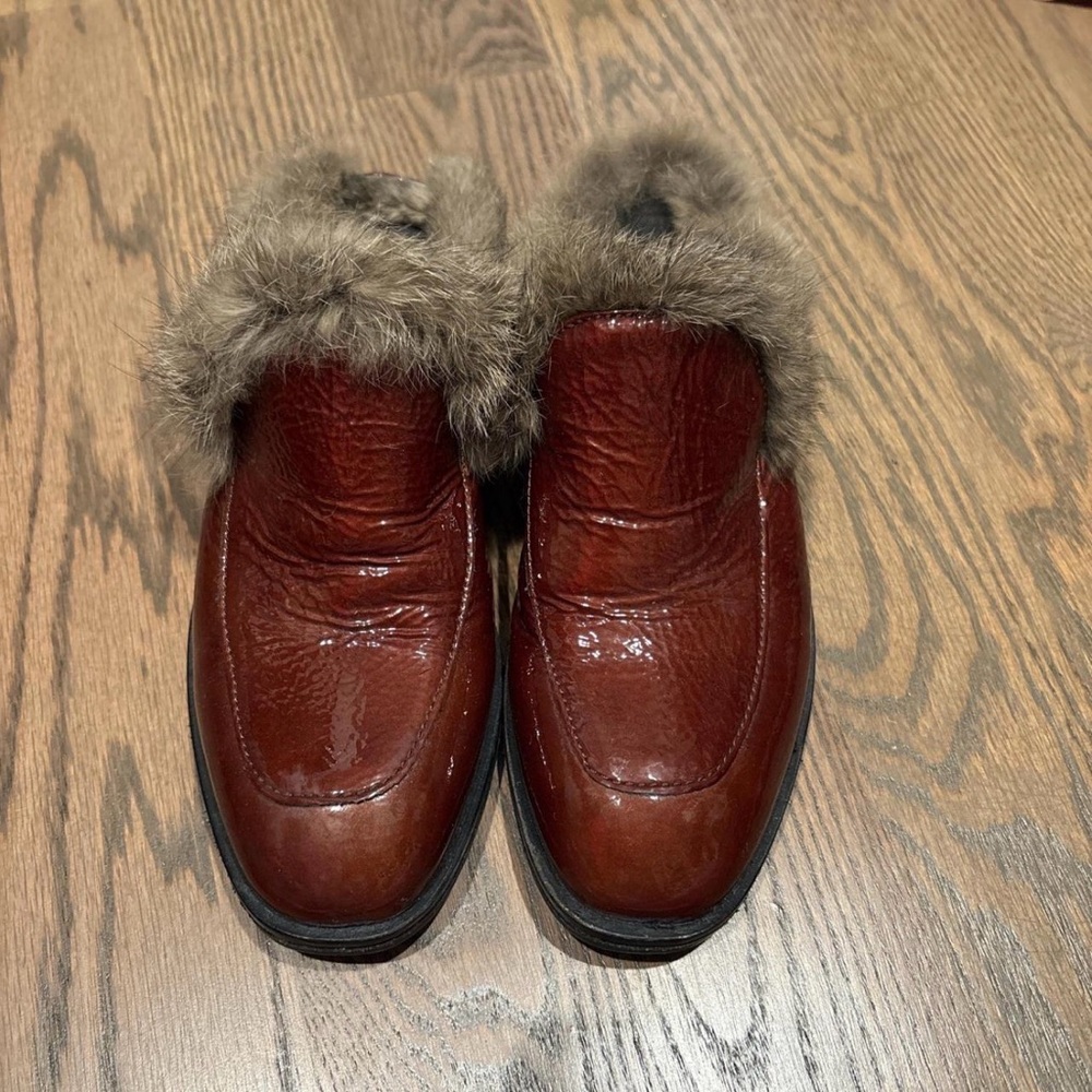 Brown Leather Fur-Trim Slip-On Shoes